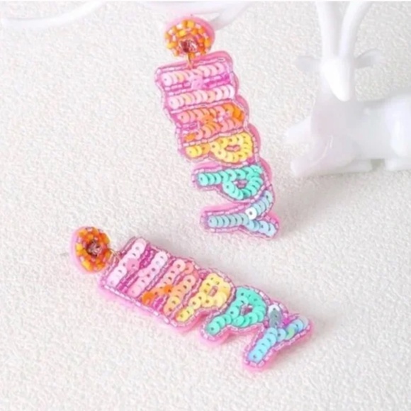 ❤️❤️ FREE Rainbow Happy Sequin Long Drop Hipster Chic Art Artsy Modern Earrings - Picture 1 of 5